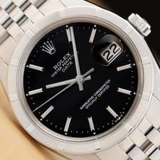 ROLEX OYSTER PERPETUAL DATE 1501 BLACK DIAL 34MM STAINLESS STEEL JUBILEE WATCH