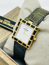 Raymond Weil Genève Tank 18K Gold Green Leather Watch New NOS Swiss Made