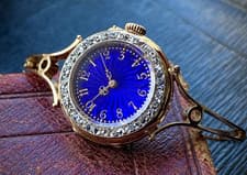 1890 Le Roy et Fils 18ct gold watch Rose cut diamond bezel Blue Guilloche enamel