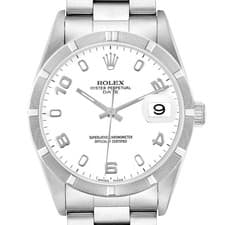 Rolex Date Steel White Dial Engine Turned Bezel Mens Watch 15210