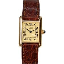 Cartier W1003153 925 Must Tank Vermeil SM Quartz Leather Strap Watch