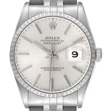 Rolex Datejust Steel Silver Dial Engine Turned Bezel Mens Watch 16220