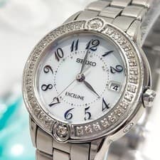 SEIKO EXCELINE SWCW071 Watch White Dial Solar 36 Diamonds Tested