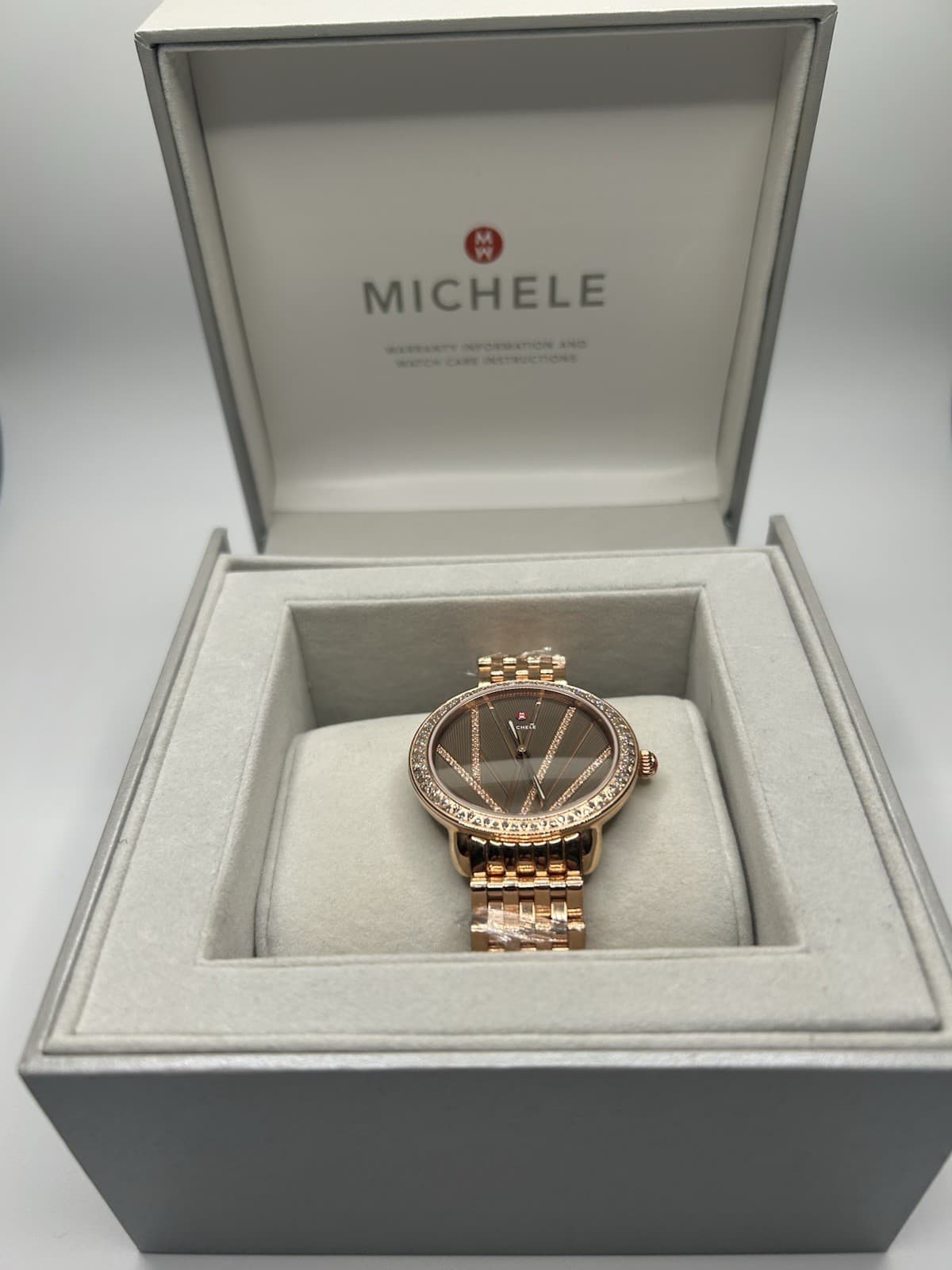 MICHELE Women's Wristwatch Rose Gold Diamond Markers Brown Dial Box Papers