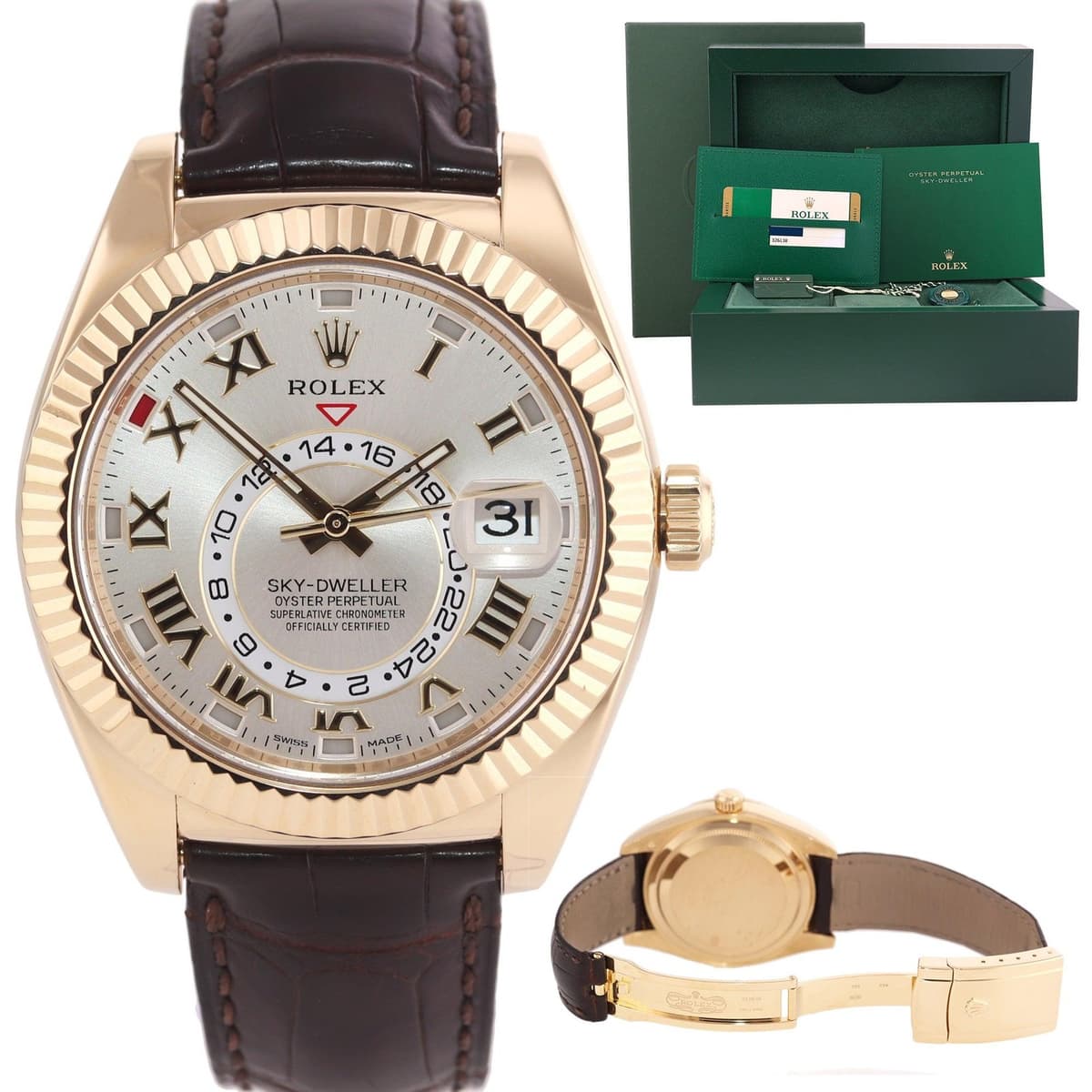 PAPER MINT 2016 Rolex Sky-Dweller 18K Yellow Gold 326138 42mm Silver Roman Watch