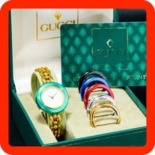 BOXED [MINT] GUCCI Change Bezel 11/12.2 6 colors Metal Gold Bracelet Women Watch