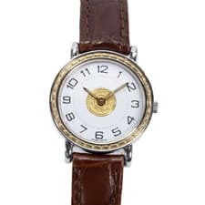 Hermes Wristwatch Sellier women's crocodile leather white gold brown medallion