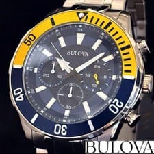 BULOVA Chronograph Men's Watch Blue Dial Silver Gold Bezel 44mm 98A245 Box