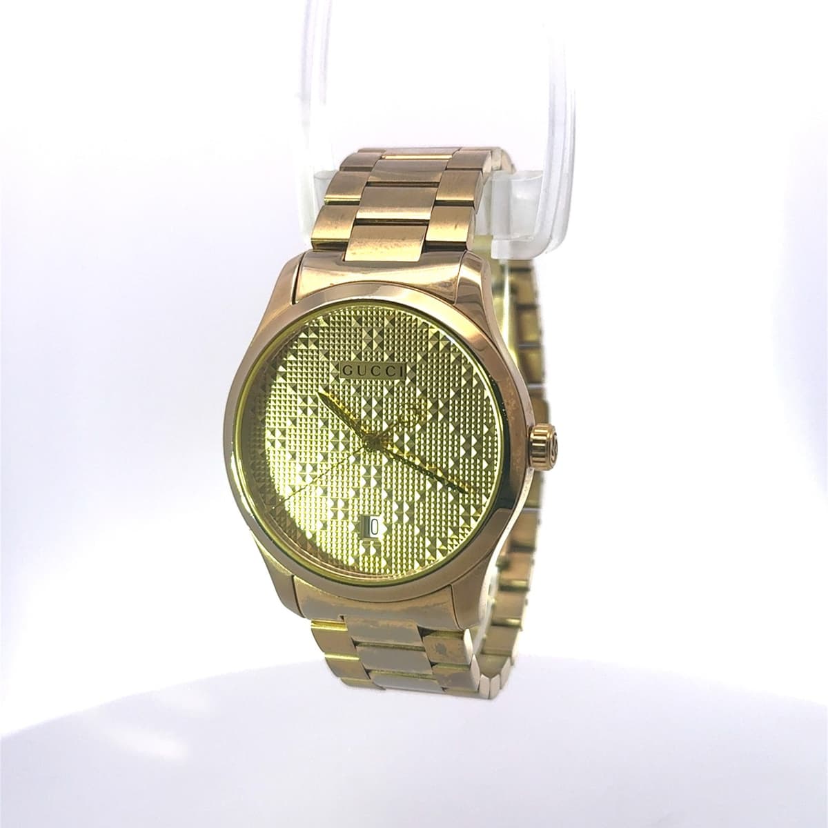 Gucci G-Timeless 126.4 Gents Swiss Watch Geometric Dial Gold Dial w/ Date 38mm