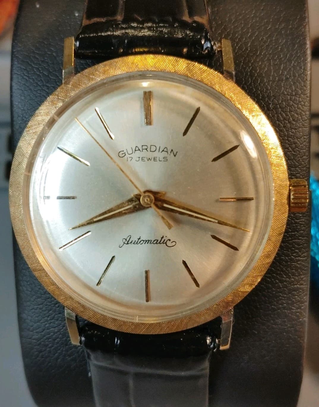 Guardian 34mm Automatic 14k Solid Gold  Watch With Silver Dial & Black Strap!