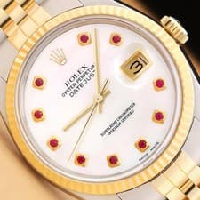 ROLEX MENS DATEJUST 16013 MOTHER OF PEARL RUBY DIAL 18K YELLOW GOLD STEEL WATCH