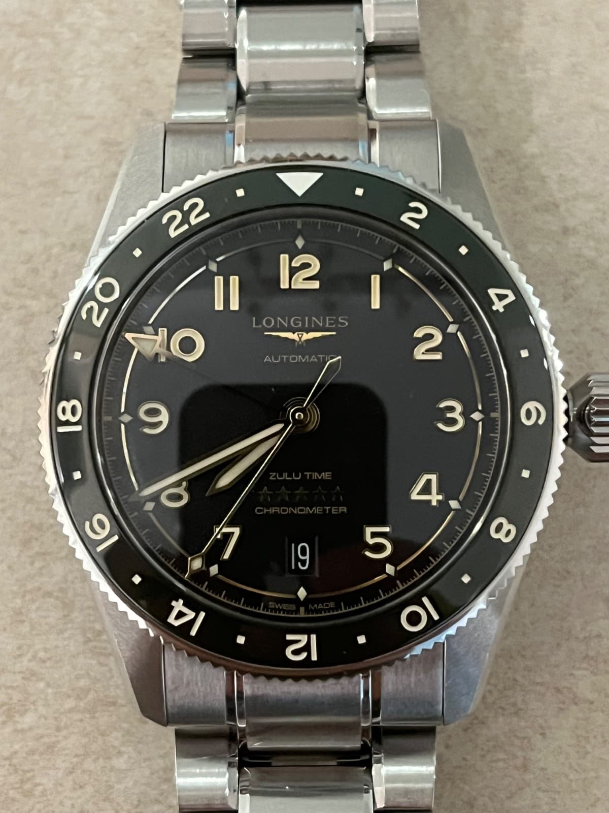 Pre-owned Longines Spirit Zulu GMT 39mm! Green Ceramic Bezel & Anthracite Dial.