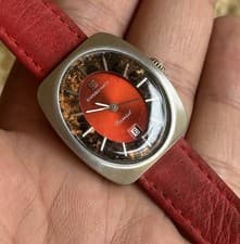 Vintage Ginsbo-Matic Damsel Automatic 1970s Red Dial Cushion Case Swiss Ladies