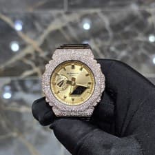 Authentic Casio G-Shock GA2100 Gold Dial Iced Out Moissanite Mod Watch (Rose)
