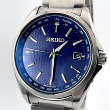 Seiko Seiko Selection World Time Titanium Watch Mens Blue Dial 41mm
