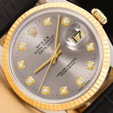 ROLEX MENS DATEJUST 16013 18K GOLD STEEL GRAY DIAMOND WATCH w/ LEATHER BAND