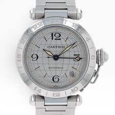 Cartier Pasha Stainless Steel 2377 GMT Bezel Silver Dial Automatic Watch