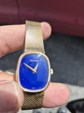Juvenia Swiss Made Blue Lapis Dial Gold Mesh Dress Wristwatch Analog Oval