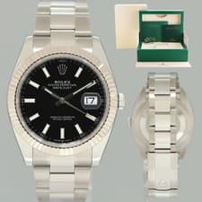 2019 MINT Rolex DateJust 41 Black Stick Oyster White Gold Fluted 126334 Watch