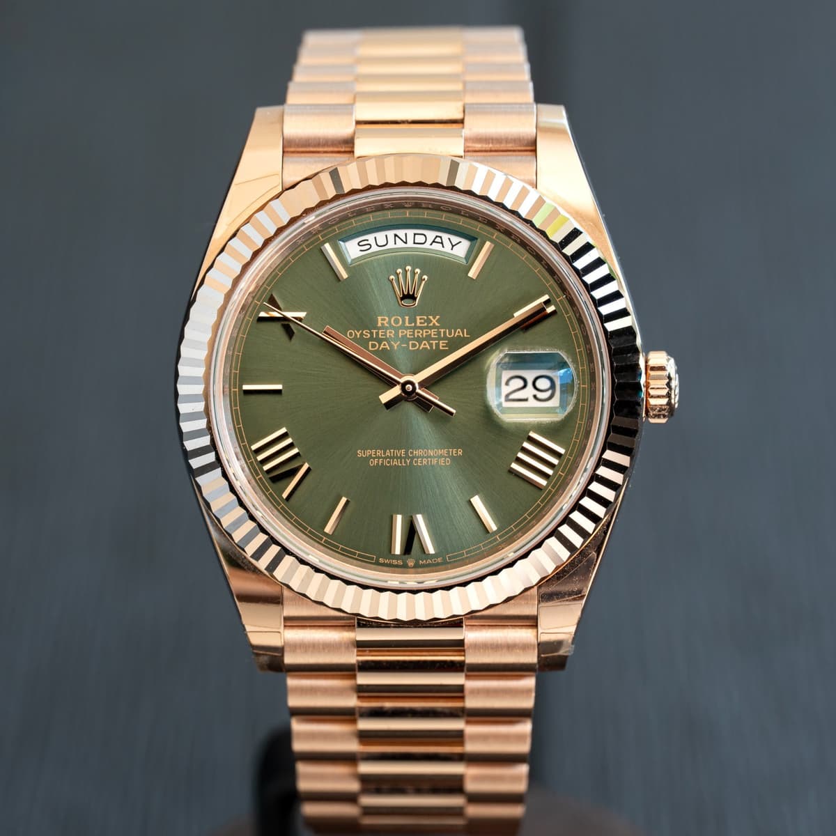 2026 Rolex Day-Date 40 Rose Gold Olive Dial President 228235 Unworn Box & Papers