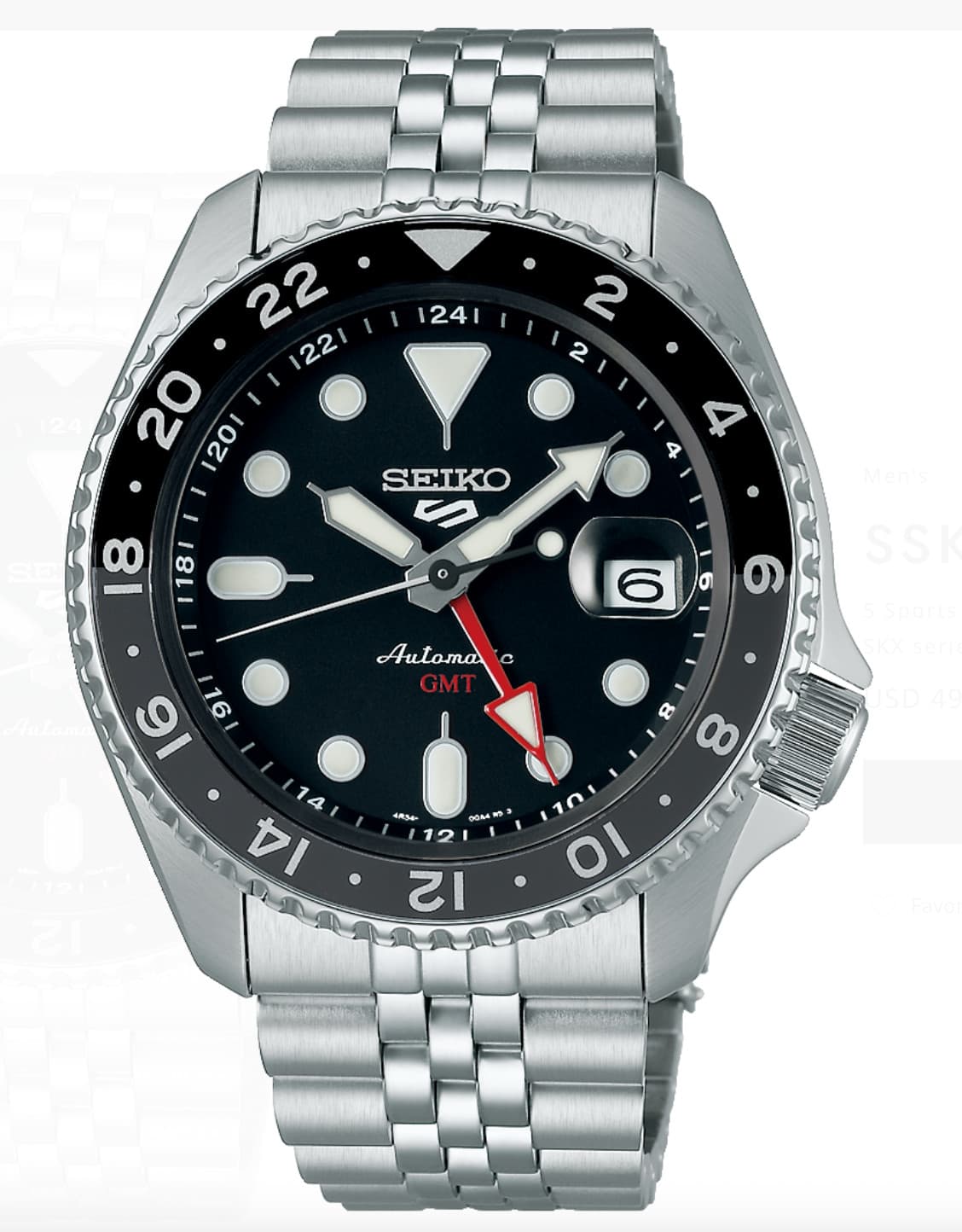 Seiko SSK001 J1 NEW 5 Sports GMT Series Men's Watch, Black Dial Automatic, 42.5