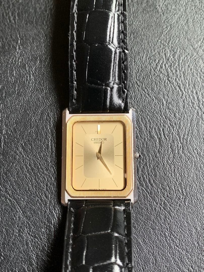 SEIKO CREDOR 14K Bezel Quartz Tank Style Square Gold Dial Vintage Watch Japan