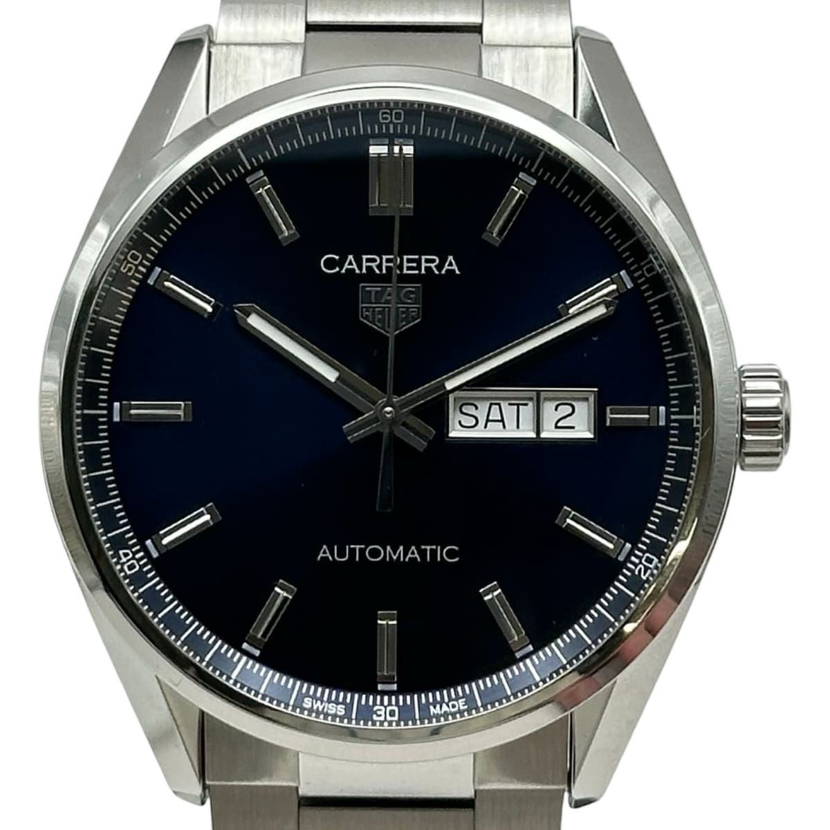 TAG HEUER CARRERA CALIBRE 5 DAY-DATE WBN2012.BA0640 BLUE STAINLESS STEEL AUTO 52