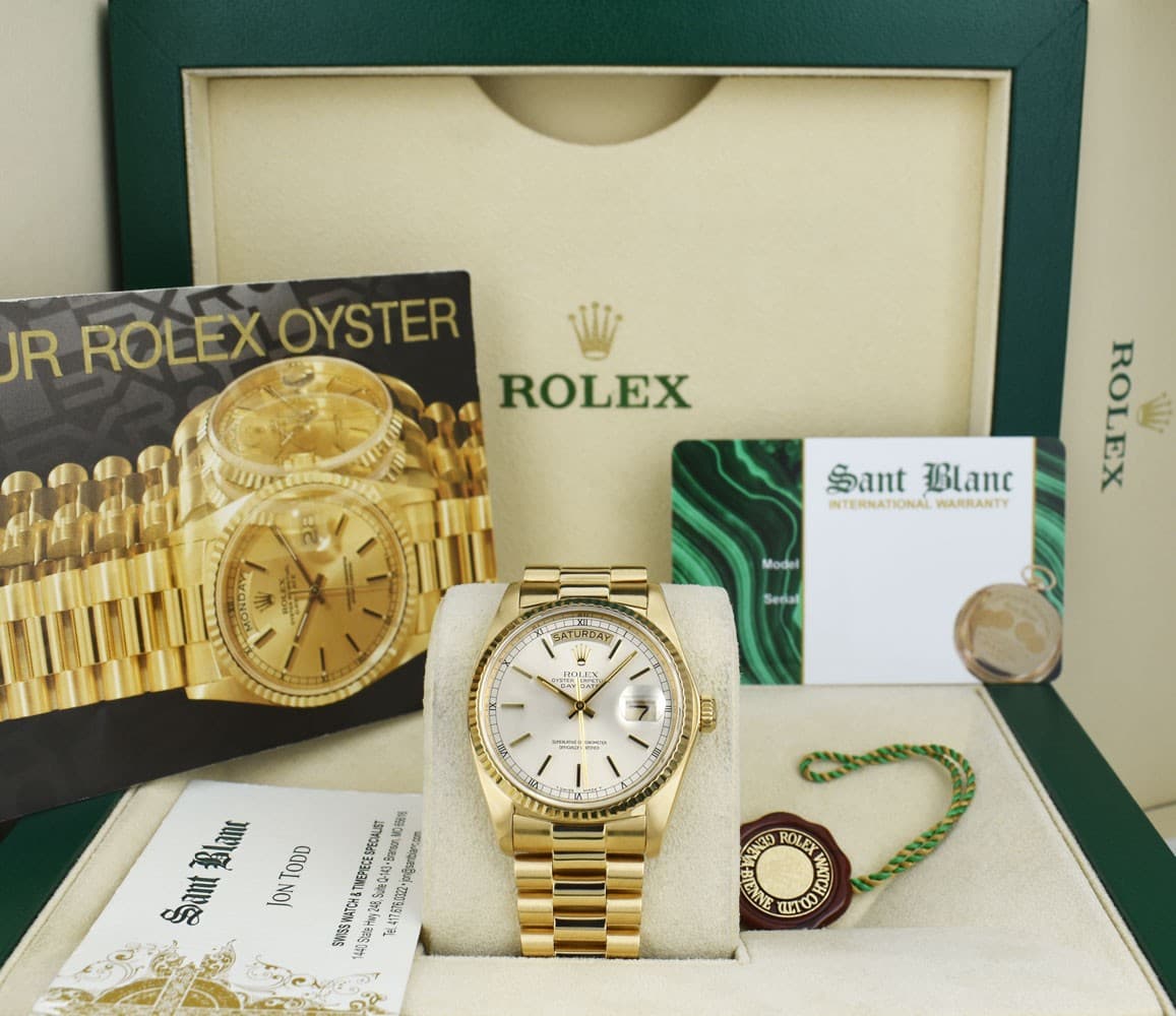 ROLEX - 36mm 18kt Gold Day Date President Silver Stick Dial 18038 -SANT BLANC