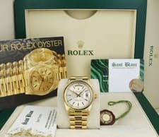 ROLEX - 36mm 18kt Gold Day Date President Silver Stick Dial 18038 -SANT BLANC