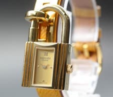 Vintage Near MINT HERMES Kelly Gold Yellow Padlock Leather 20mm Qz Woman's Watch