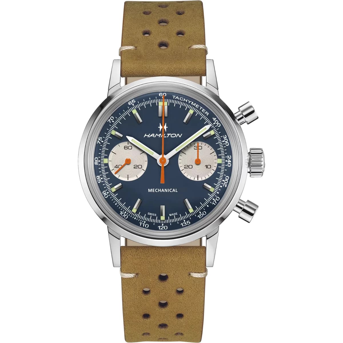 NEW HAMILTON AMERICAN CLASSIC INTRA-MATIC MECHANICAL CHRONOGRAPH BLUE H38429541