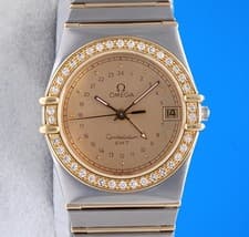 Mens Omega Constellation GMT 18K Gold & SS Watch - Gold Dial - Diamond Bezel