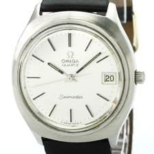 OMEGA Seamaster Date Stainless Steel Leather Quartz Watch 196.0072 Used