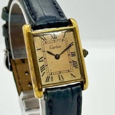 Cartier Watch Must Tank LM Gold Dial Black Leather Band Women's Auth Not working