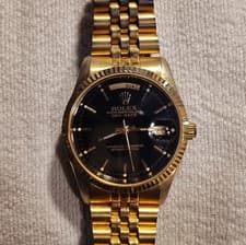 Rolex Day-Date Gold Metal Wristwatch Black Dial Fluted Bezel Stick Indexes