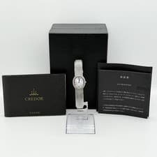 SEIKO Watch Credor Silver QZ Diamond Bezel White Pearl 18KT SS w/Box, Warranty
