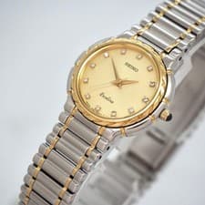 Seiko Exceline Ladies Gold 18K Bezel Diamond Quartz Dress Watch Womens