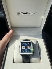 TAG Heuer Monaco Calibre 12 Automatic Chronograph Blue Dial Leather Watch w/ Box