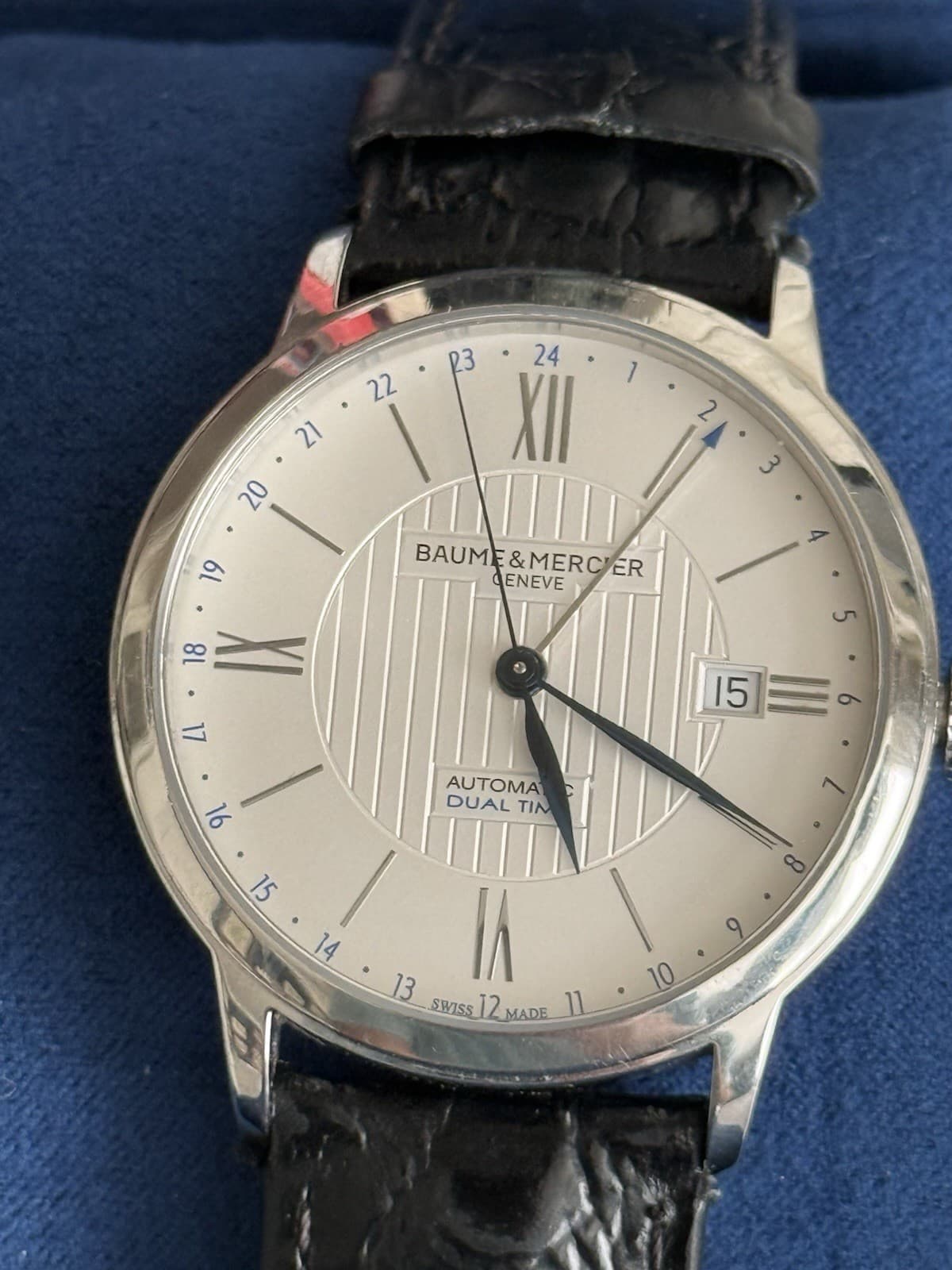 Baume & Mercier Classima Dual Time Date GMT Blue Steel Hands