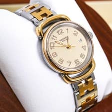 Hermes Quartz Watch Gold Silver Working New Battery Cleaned Ladies 30mm