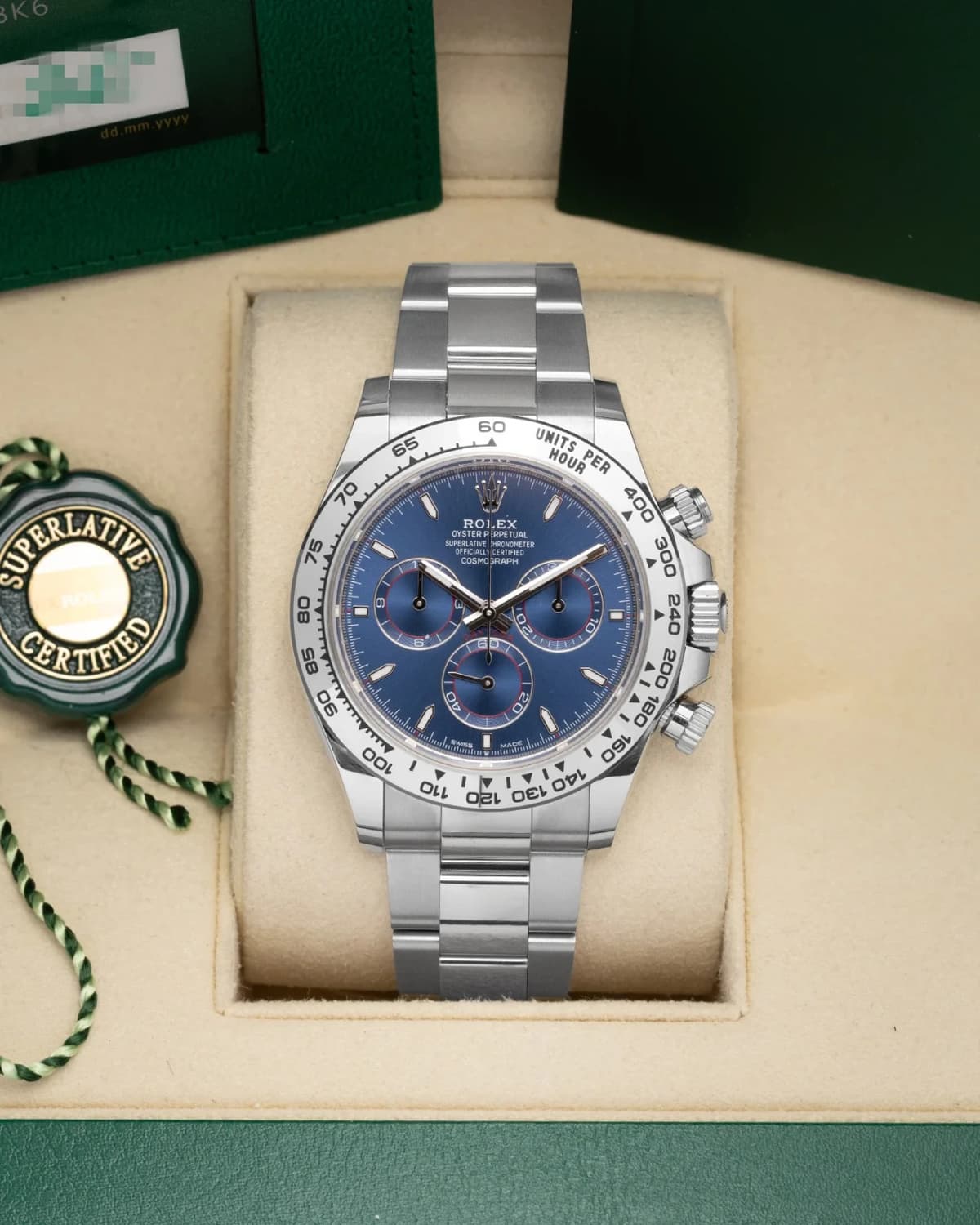 2025 NEW PAPERS Rolex Blue Daytona Chrono Cosmo 126509 White Gold Watch Box