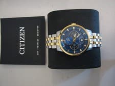 CITIZEN ECO DRIVE CALENDRIER MOON PHASE BLUE DIAL TWO TONE WATCH BU0054-52L -NEW