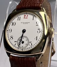 Waltham Vintage 31mm 9ct Gold Cushion Case Watch w/ Porcelain Dial & Red 12