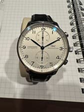 Authentic IWC Portugiese Chronograph Stainless Steel, White Dial Blue hands