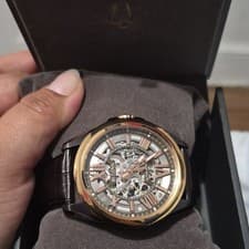 Bulova Men's Skeleton Automatic Wristwatch Gold-Tone Case Brown Leather Strap