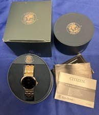 Citizen Stiletto Eco Drive Black Mens Watch two tone band Silver/Gold with box