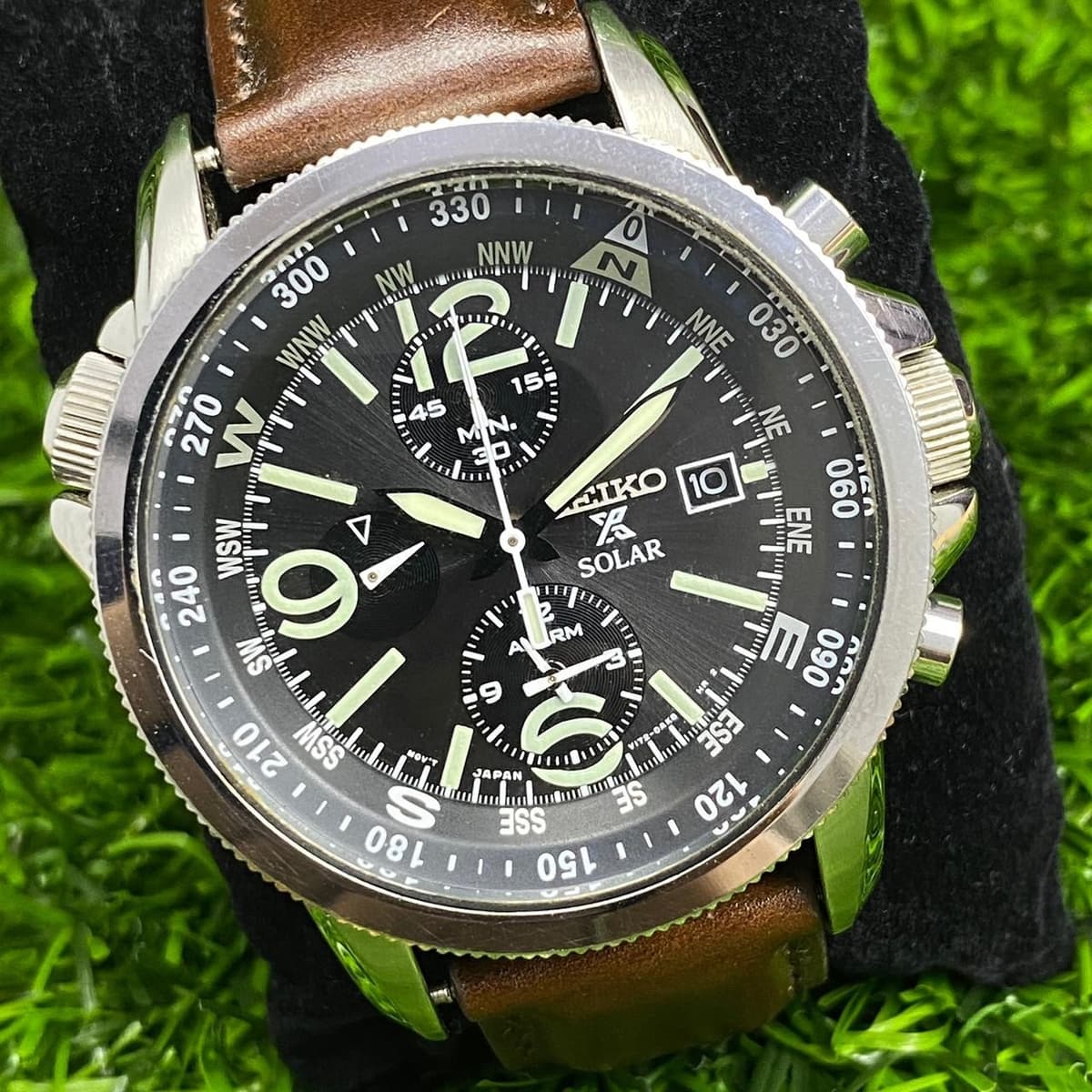 Rare Seiko Prospex Land SSC081P1 Men Solar Chronograph Black Dial Leather Watch