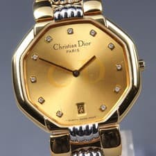 Near MINT Christian Dior 45.134 Gold 11P Diamond Octagon Quartz 32mm Men's Watch