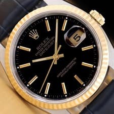 ROLEX MENS DATEJUST 16233 BLACK 18K GOLD STAINLESS STEEL BLUE LEATHER BAND WATCH