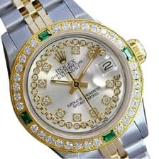 Rolex Datejust 69173 Two-Tone 18KY Steel Silver String Dial Emerald Bezel Watch